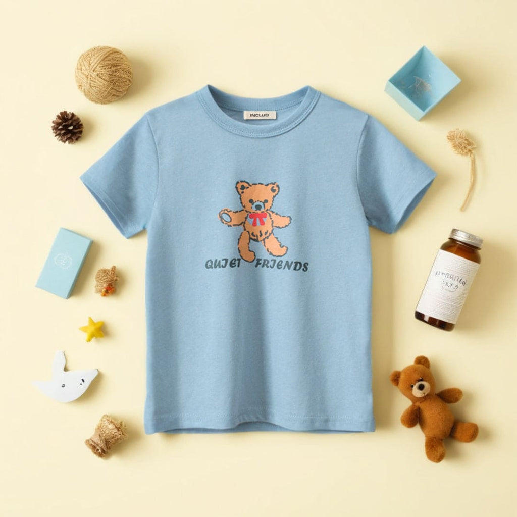Girls Teddy Print Short Sleeves T-Shirt Tshirts Blue 1-2 Y 