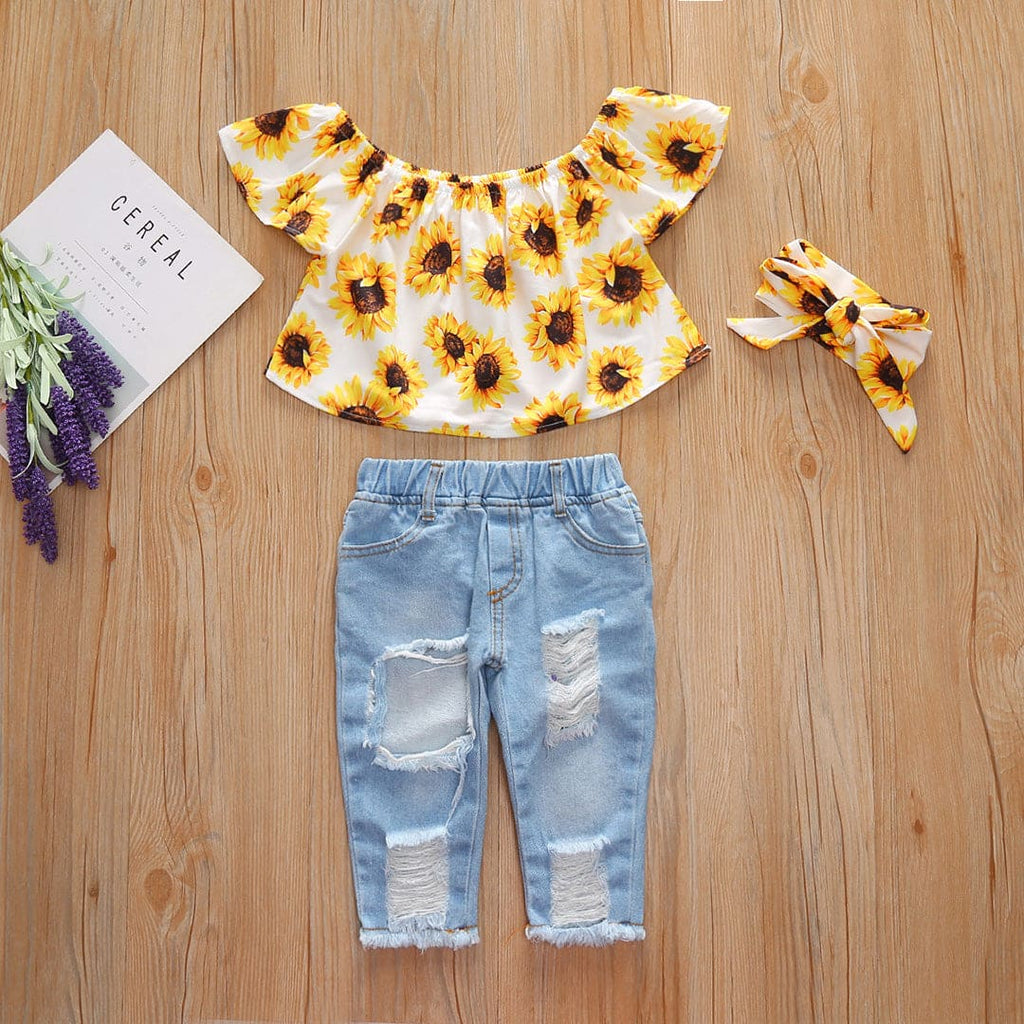 Girls Off Shoulder Floral Print Top With Denim Pants Set Sets White 1-2 Y 
