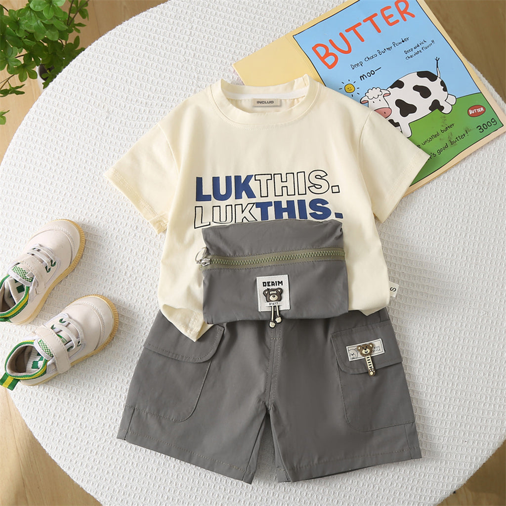 Boys Printed T-shirt with Attached Grey Zipper Pouch & Shorts Set Sets Grey 1-2 Y