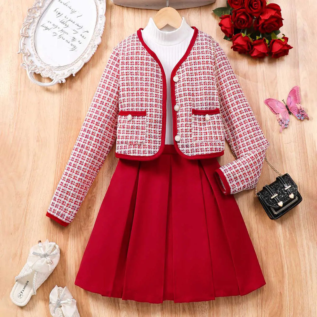 Girls Red Self-Design Regular Coat With High Neck T-Shirt and Skirts Sets 3 pc. Sets Red 9-10 Y