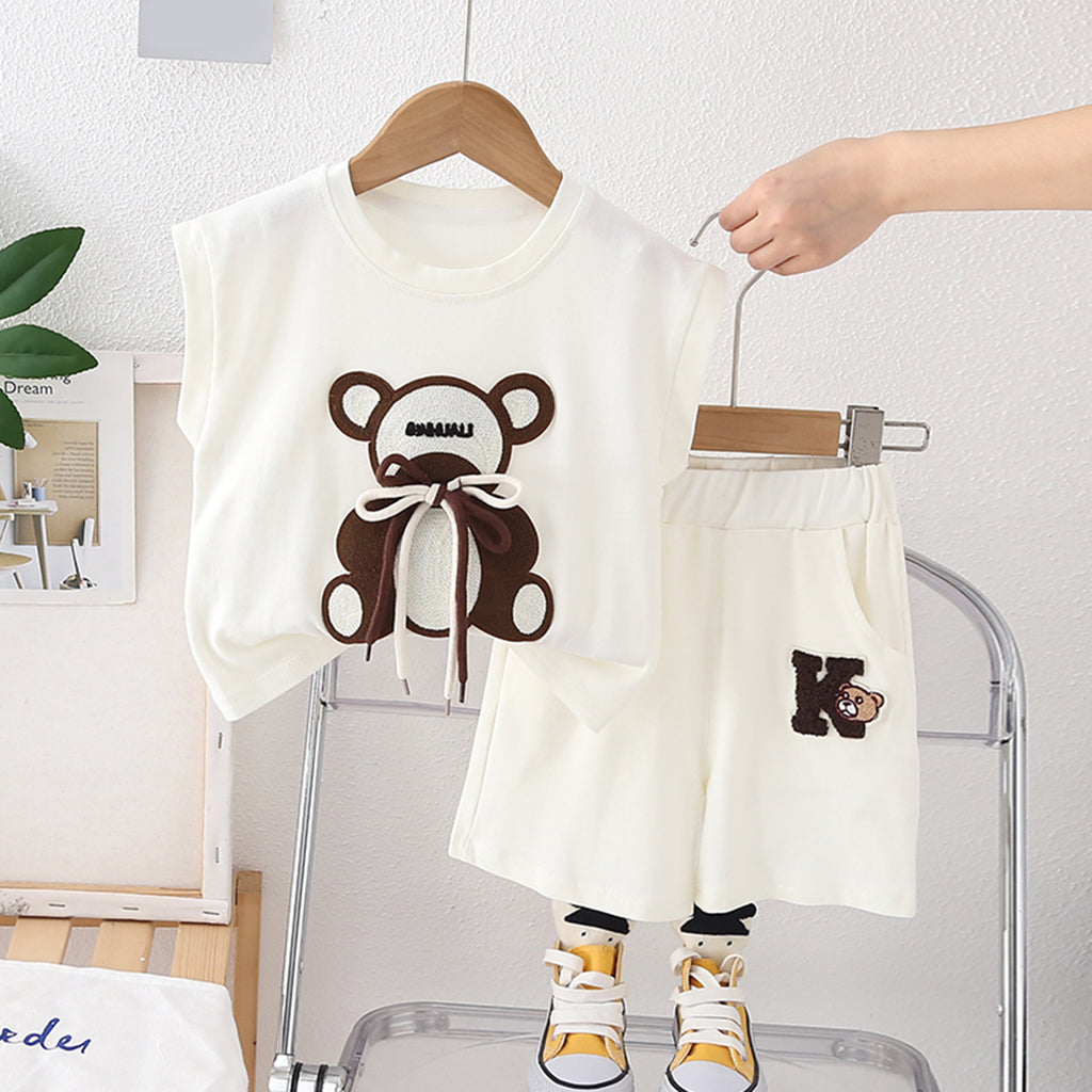 Boys Off White Tie-up Teddy Patched Sleeveless T-Shirt With Shorts Set 2 pc. Sets Off White 1-2 Y