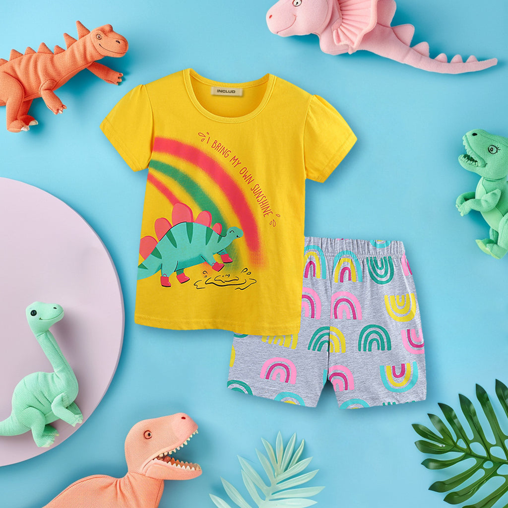 Girls Dinosaur Printed T-Shirt With Shorts Sets Yellow 1-2 Y 