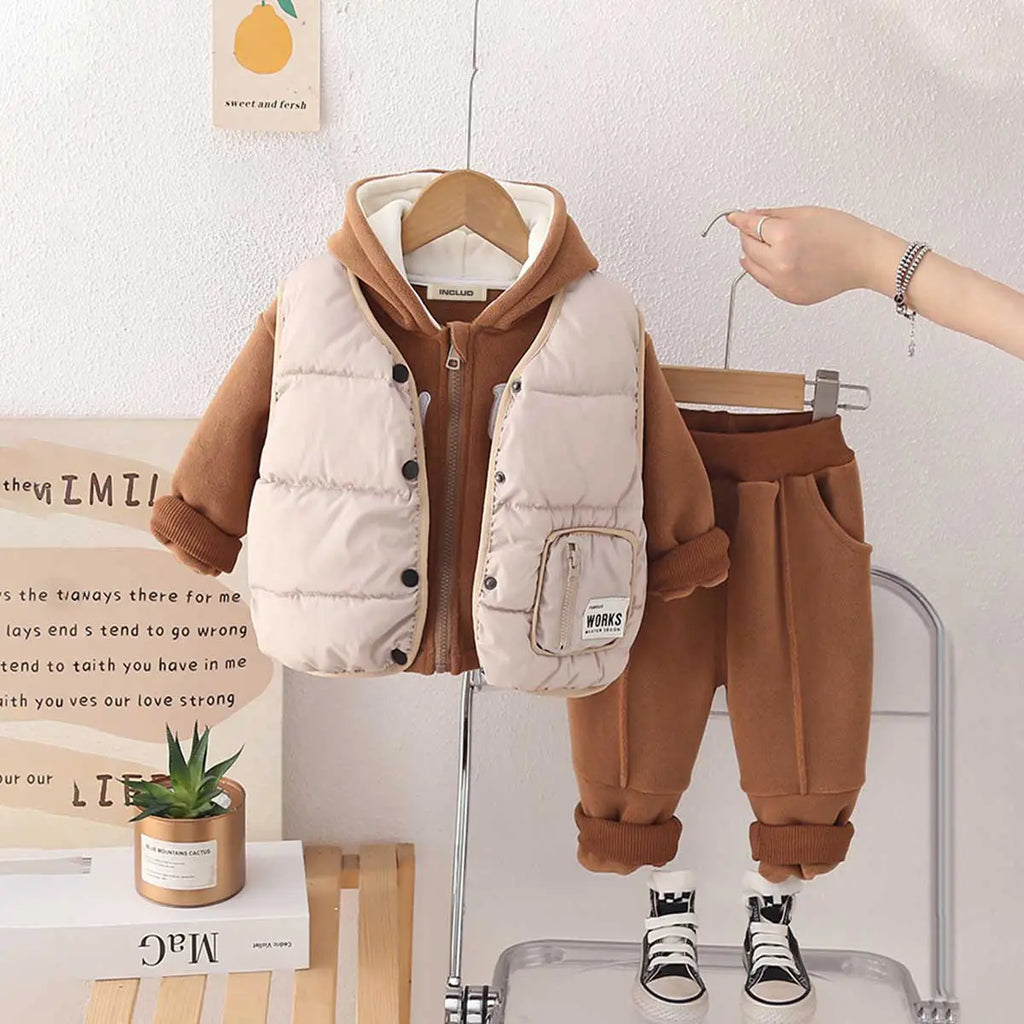 Boys Brown Fleece Hooded Zipper Jacket With Puffer Vest & Jogger Sets Sets Brown 1-2 Y