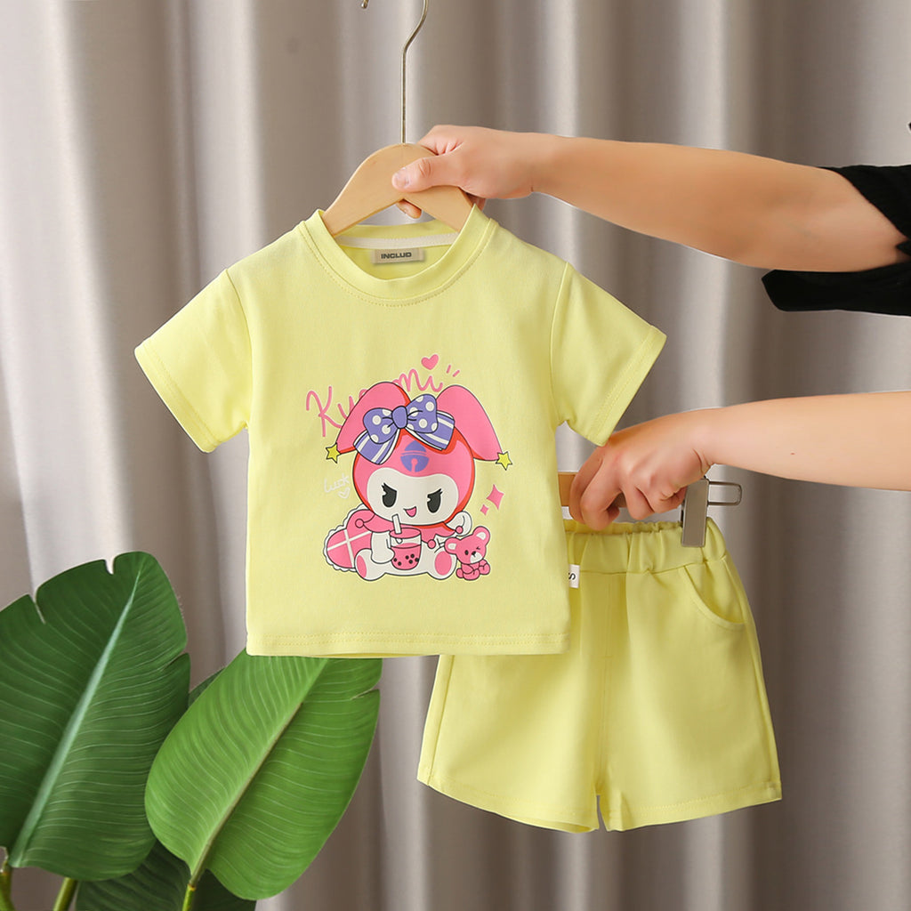 Girls Yellow Cartoon Printed T-shirt with Knitted Shorts Set Sets Yellow 1-2 Y