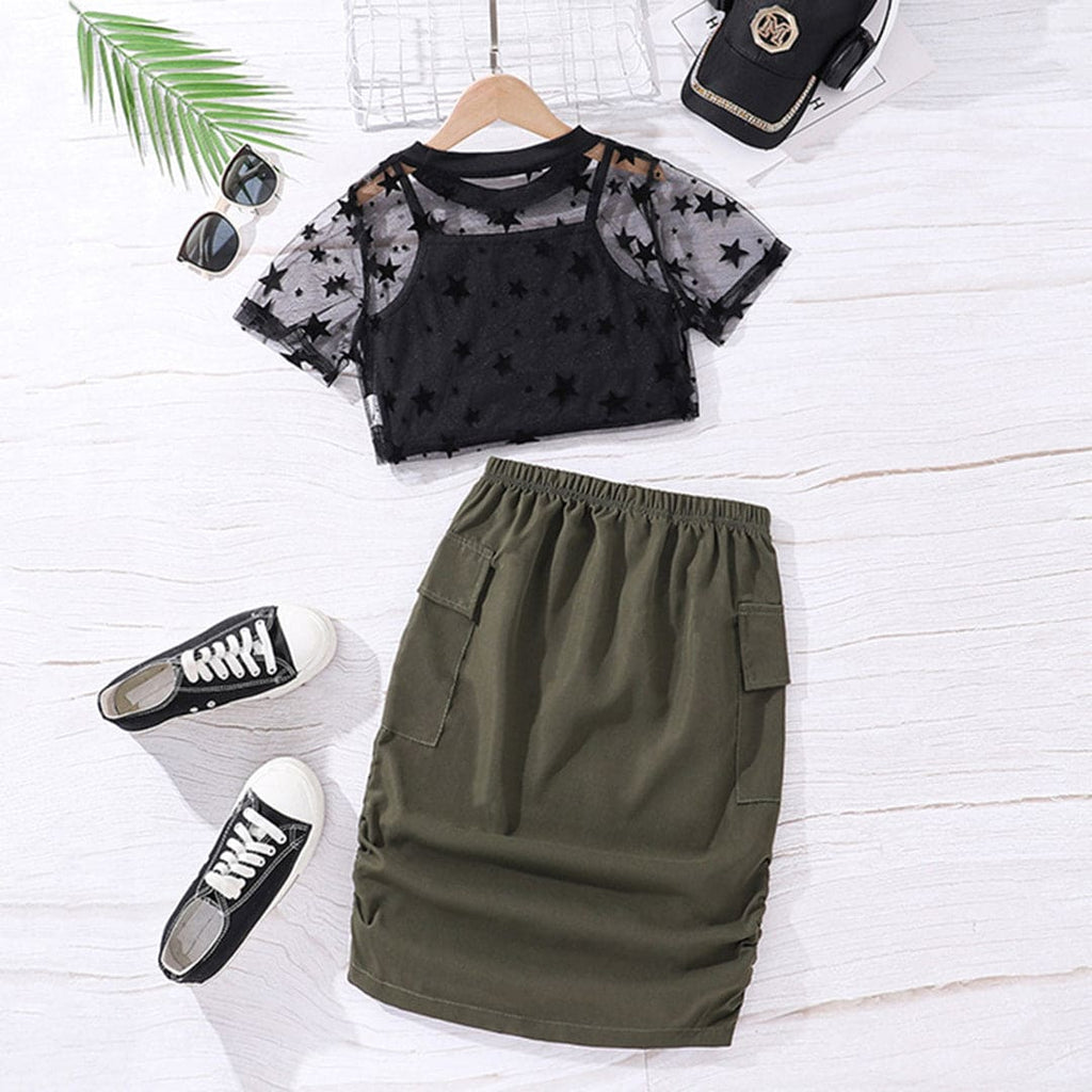 Girls Star Print Top With Camisole Top & Skirt Set Sets Black 7-8 Y 