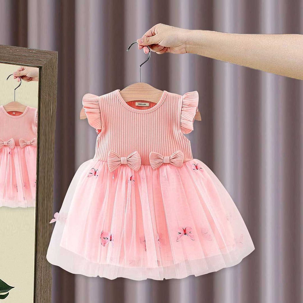 Girls Short Sleeves Butterfly Applique Fit & Flare Dress Casual Dresses