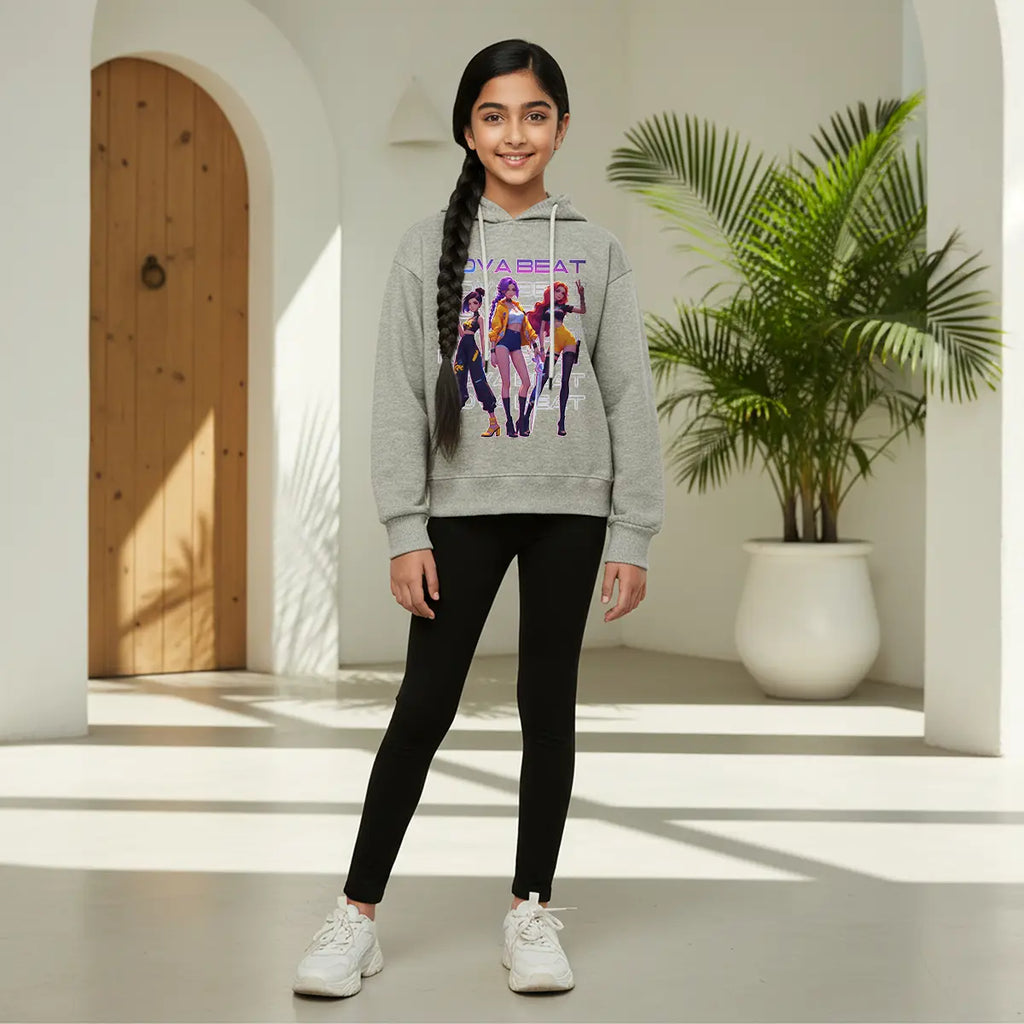 Girls Grey K-Pop Nova-Beat Graphics Hoodie Sweatshirts & Hoodies Grey 1-2 Y