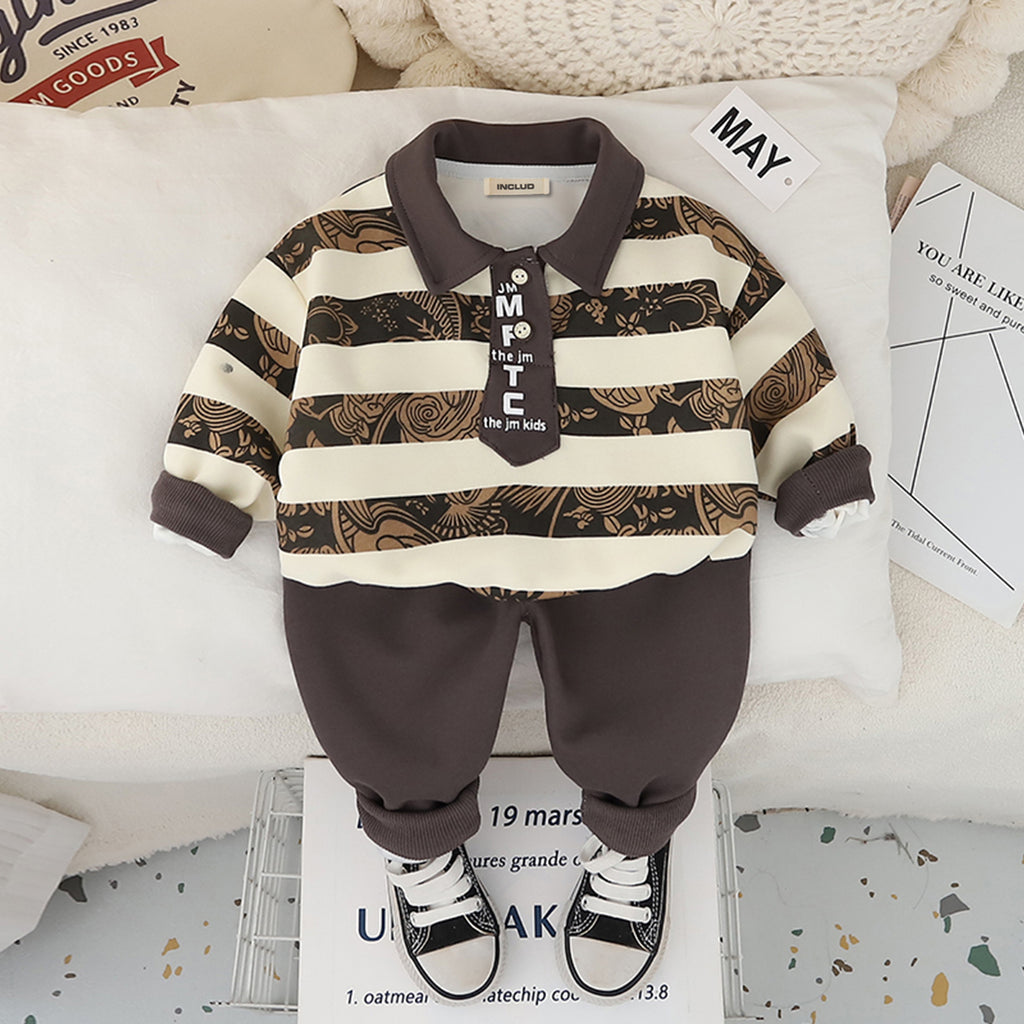 Boys Grey Stripes Polo T-Shirt With Attached Neck Tie & Joggers Set 2 pc. Sets Grey 1-2 Y