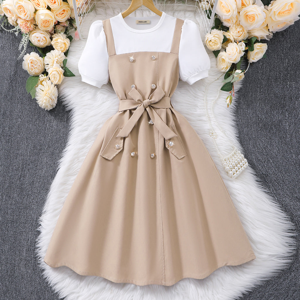 Girls Khaki Short Sleeves Round Neck Fit & Flare Dress Casual Dresses Khaki 7-8 Y