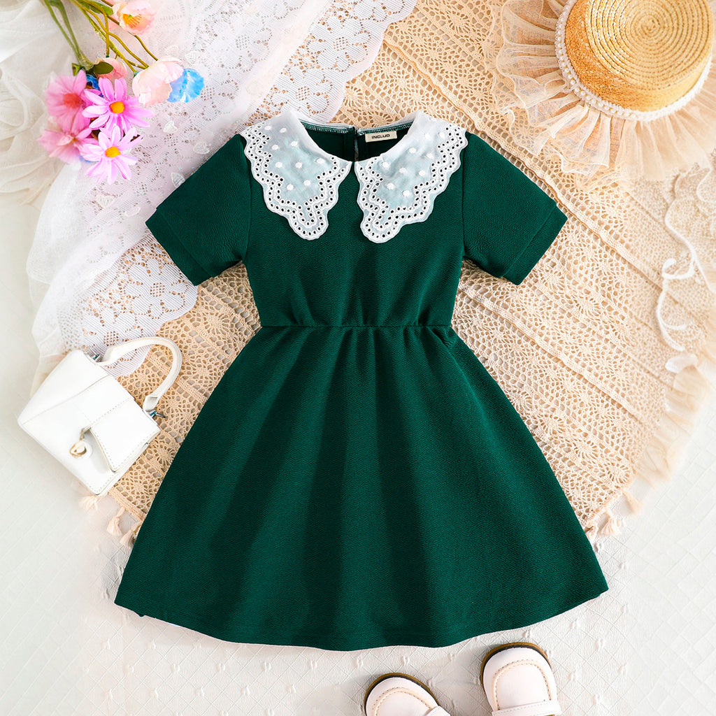 Girls Green Peter Pan collar Short Sleeve Fit & Flare Dress Casual Dresses Green 2-3 Y