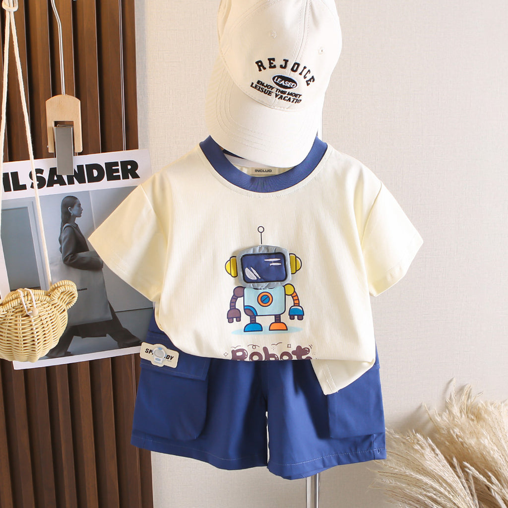Boys Apricot Robot Printed T-Shirt With Cargo Pocket Shorts Set 2 pc. Sets Apricot 1-2 Y