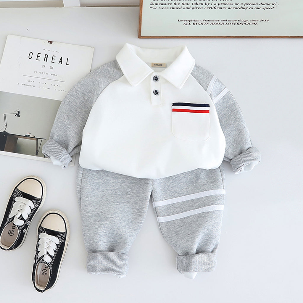 Boys Grey Solid Polo Neck Sweatshirt With Pant Set 2 pc. Sets Grey 1-2 Y