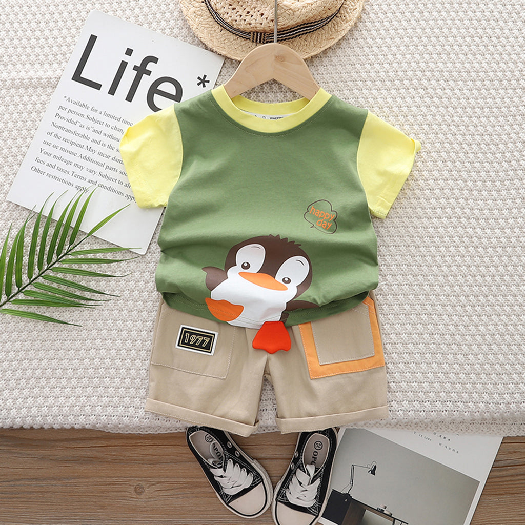 Boys Green Penguin Printed T-shirt with Shorts Set 2 pc. Sets Green 1-2 Y
