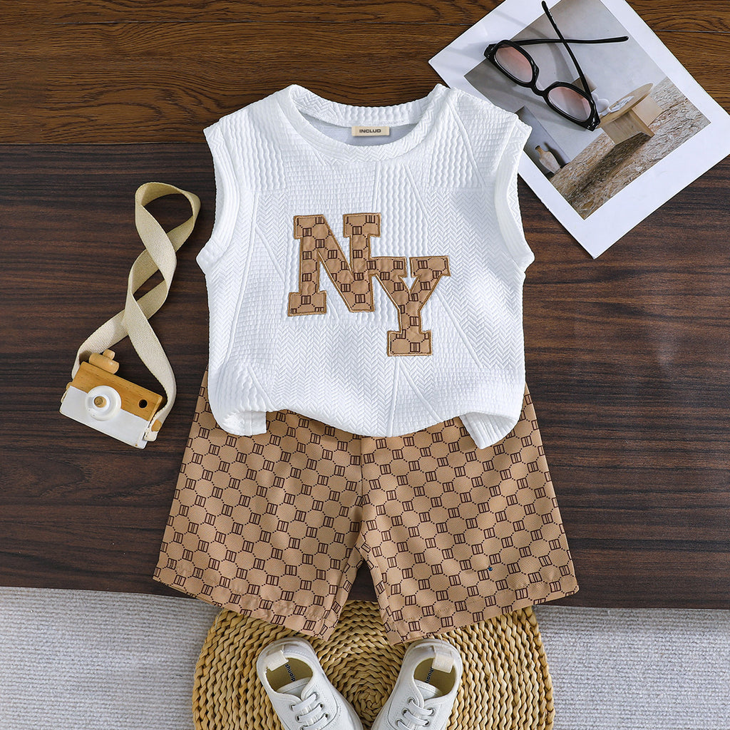 Boys Self Designed Sleeveless T-Shirt With Printed Khaki Shorts Set 2 pc. Sets Khaki 2-3 Y