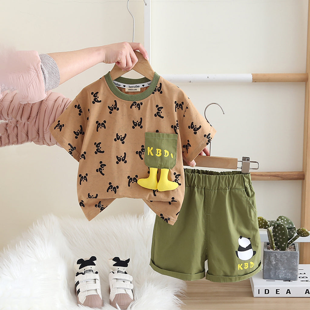 Boys Khaki Short Sleeve Round Neck Printed T-Shirt With Shorts Set 2 pc. Sets Khaki 1-2 Y