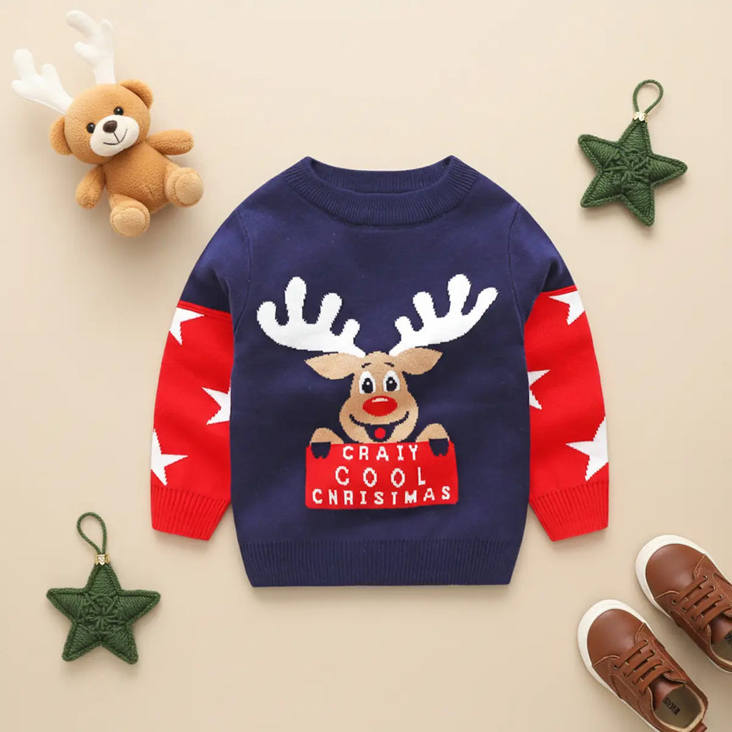 Boys Navy Blue Sweater With Self-Design Reindeer Pattern Sweaters & Cardigans Navy Blue 2-3 Y