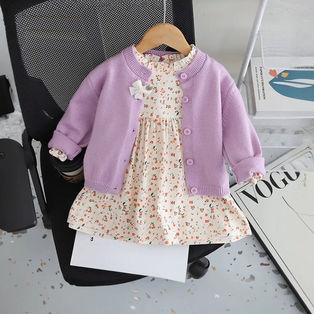 Girls Purple Solid Cardigan With Floral Printed Top Sweaters & Cardigans Purple 1-2 Y