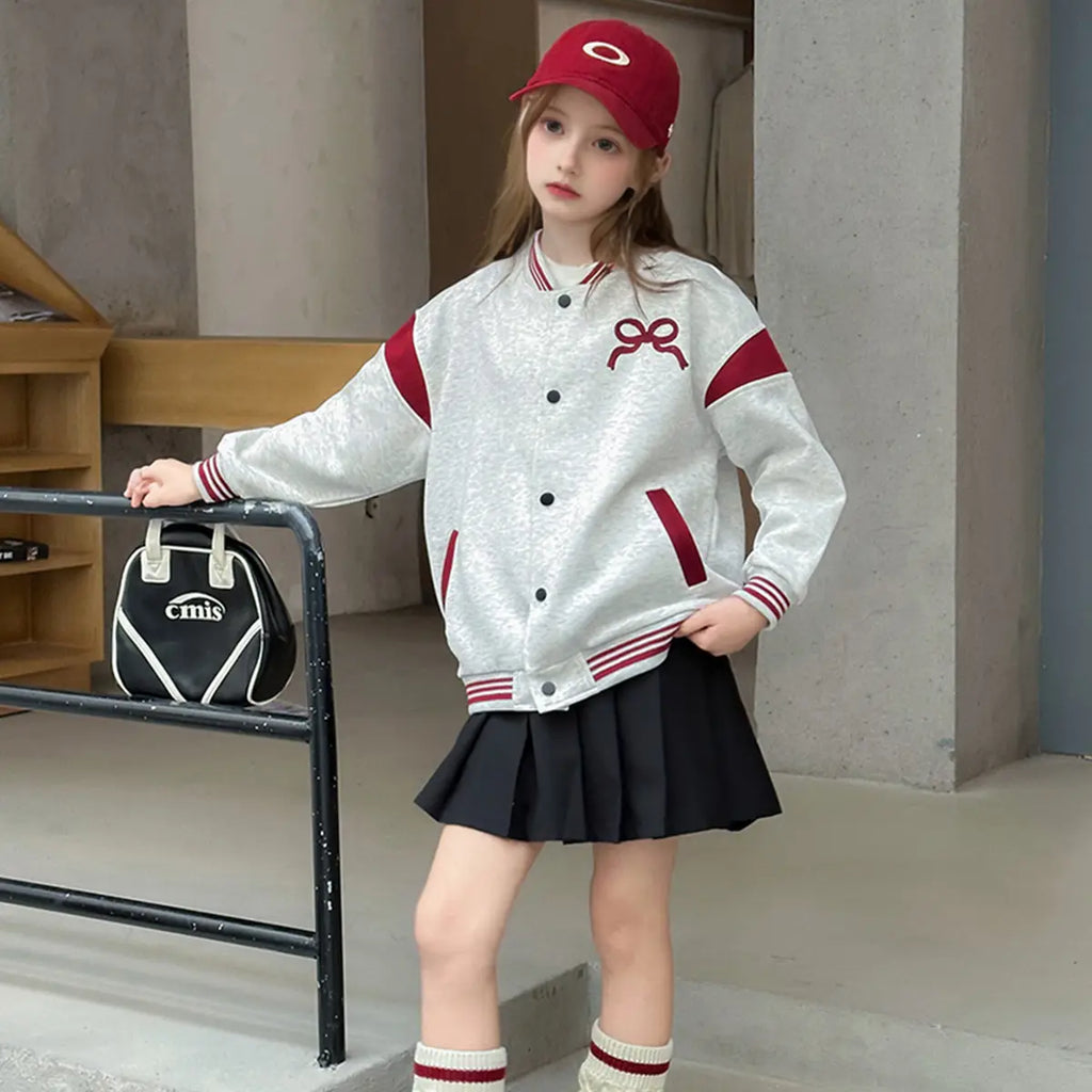 Girls Light Grey Bow Printed Varsity Jacket Coats & Jackets Light Grey 5-6 Y