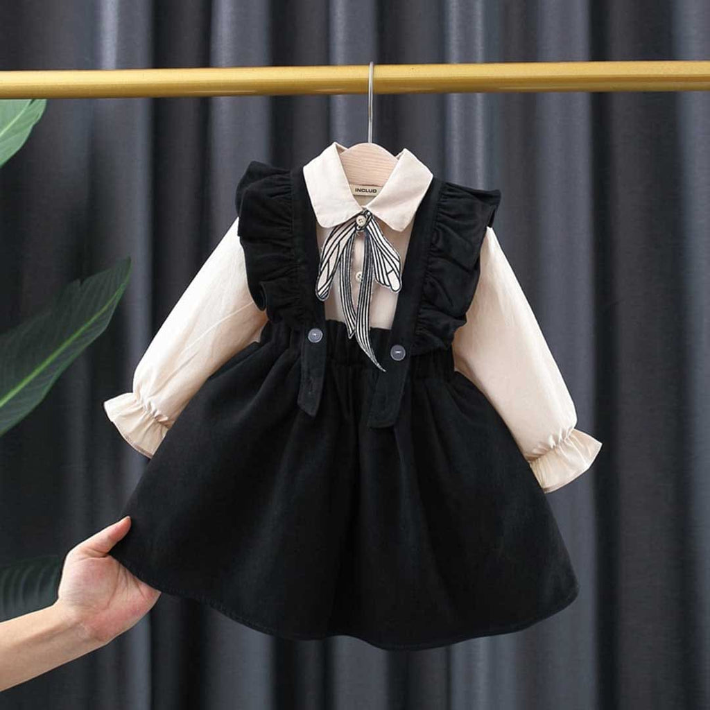 Girls Black Puff Sleeve Shirt With Sleeveless Dress And Neck Bow Casual Dresses Black 1-2 Y