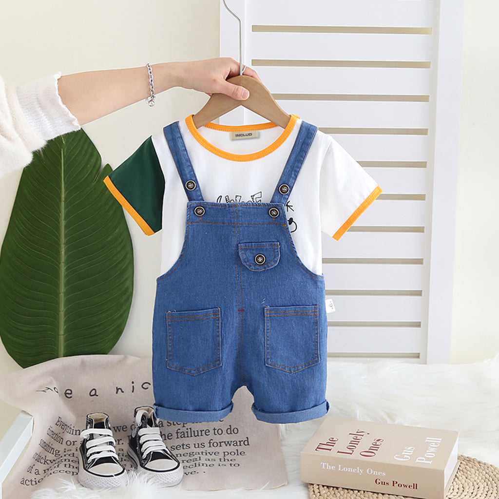 Boys White Short Sleeves Round Neck T-Shirt With Denim Dungaree Set 2 pc. Sets White 1-2 Y