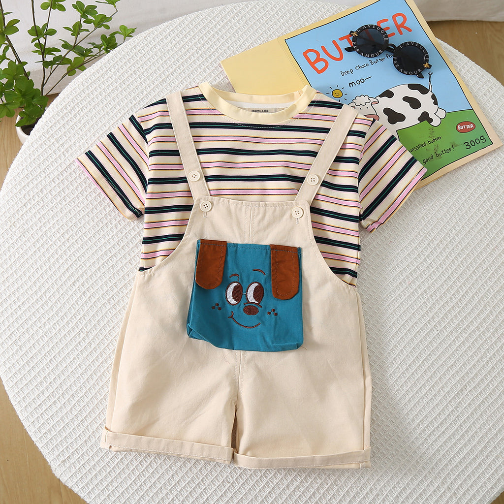 Boys Off-White Striped T-shirt with Puppy Patch Dungaree Set Sets Off White 1-2 Y