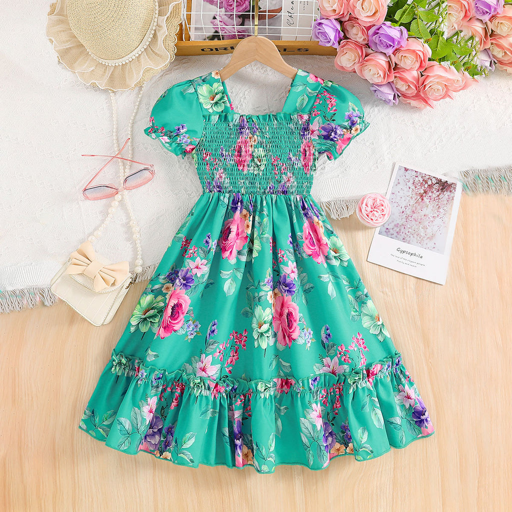 Girls Sea Green Floral Print Smocked Casual Midi Dress Casual Dresses Sea Green 3-4 Y