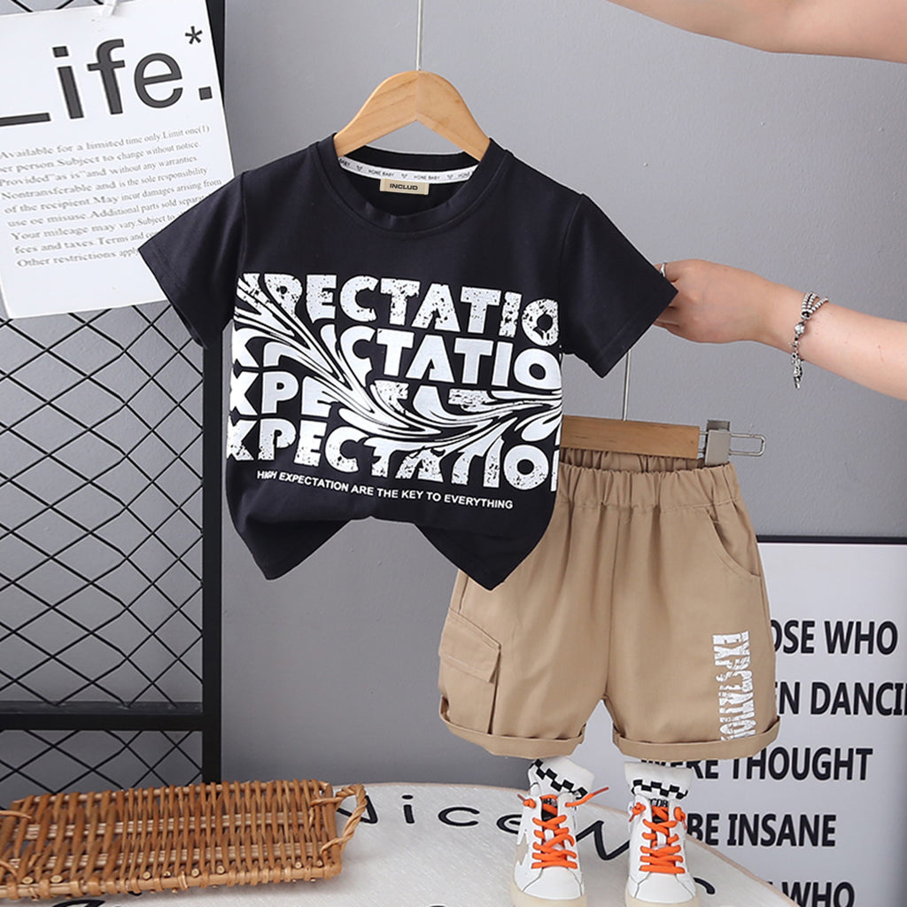 Boys Black Typographic Printed Short Sleeves Round Neck T-Shirt With Shorts Set 2 pc. Sets Black 2-3 Y