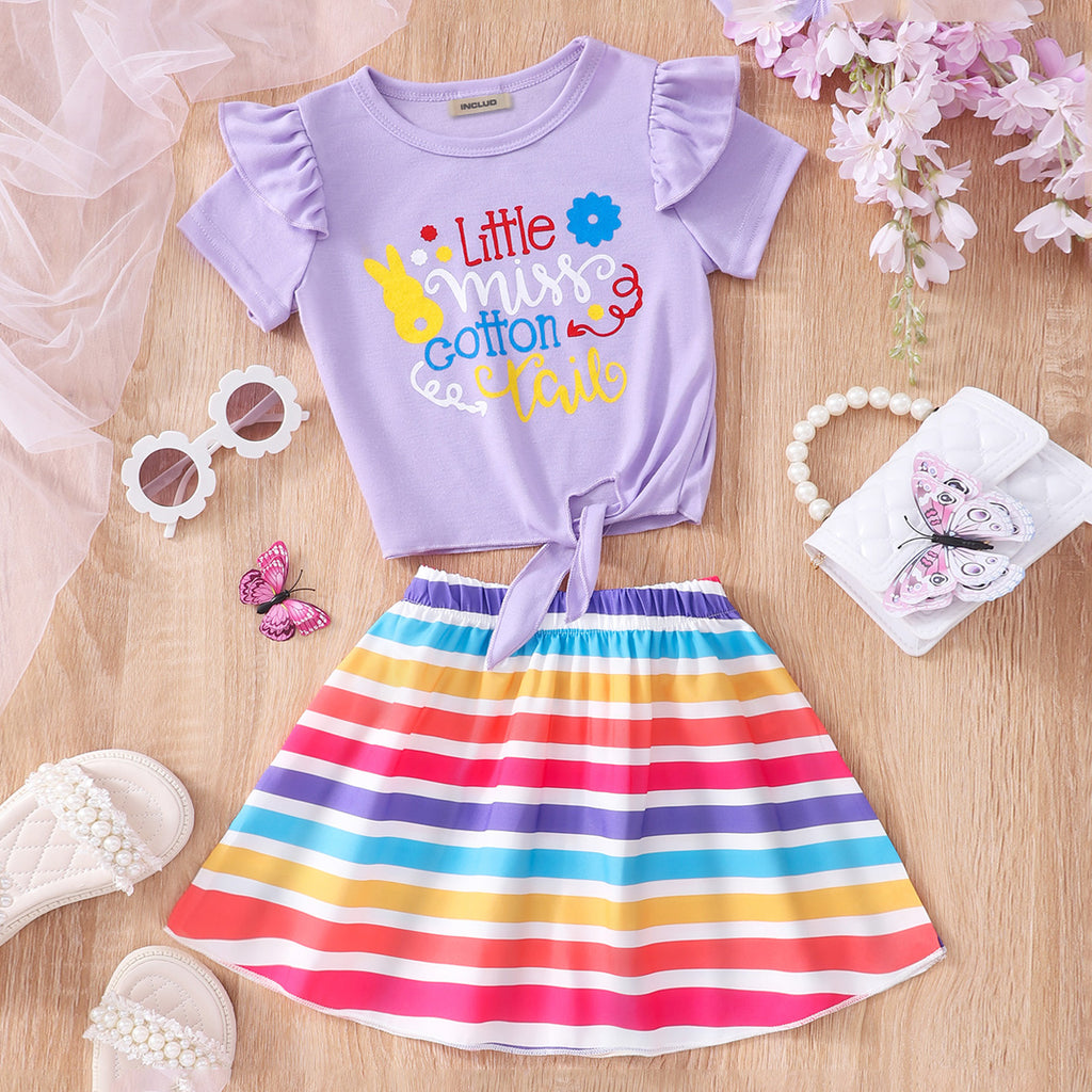 Girls Purple Printed Tie Knot Top With Stripes Skirt Set 2 pc. Sets
