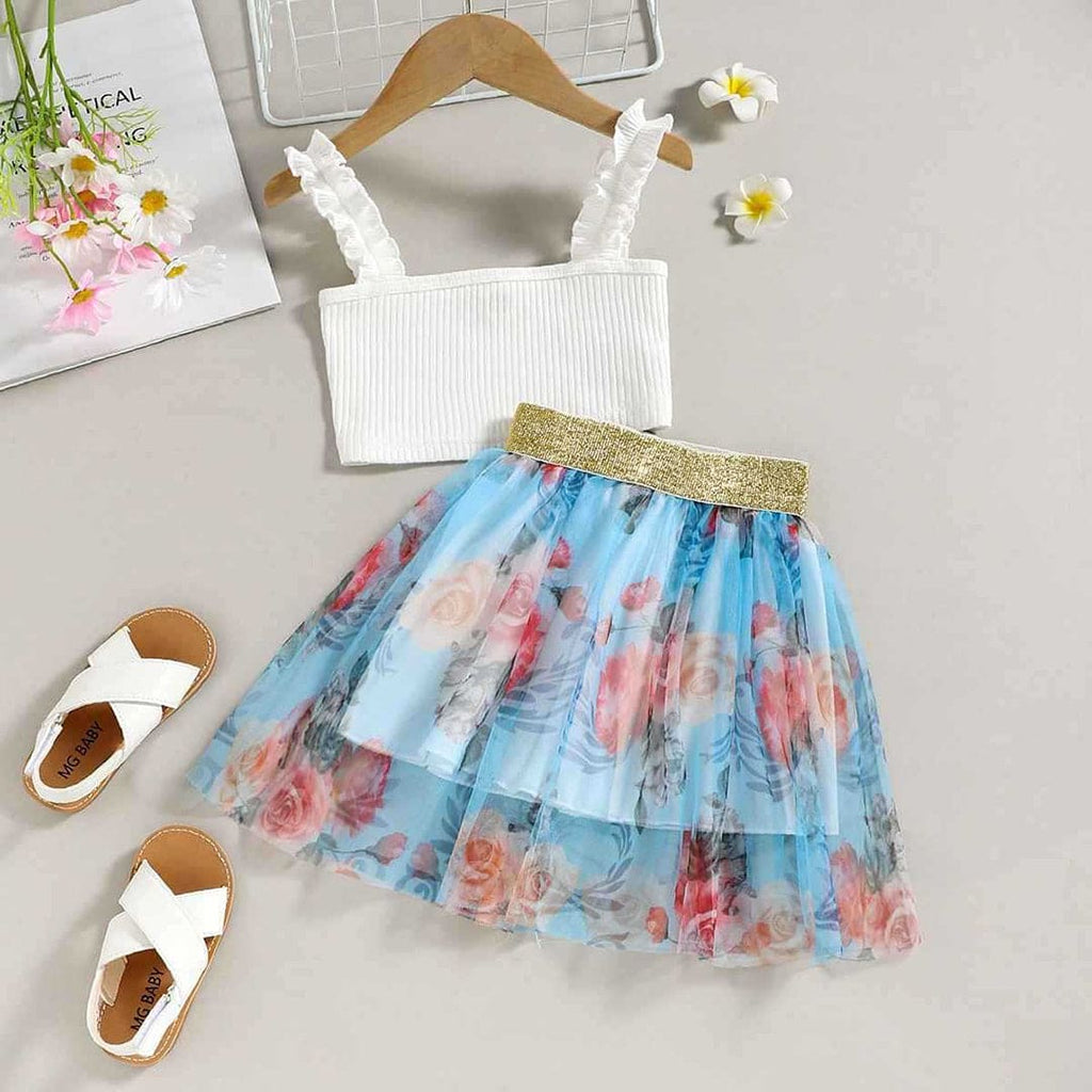 Girls Camisole Top With Golden Elasticated Printed Skirt 2 pc. Sets White 1-2 Y 