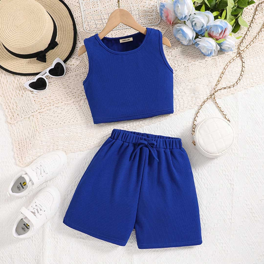 Girls Knitted Crop Top With Shorts Set Sets Blue 7-8 Y 
