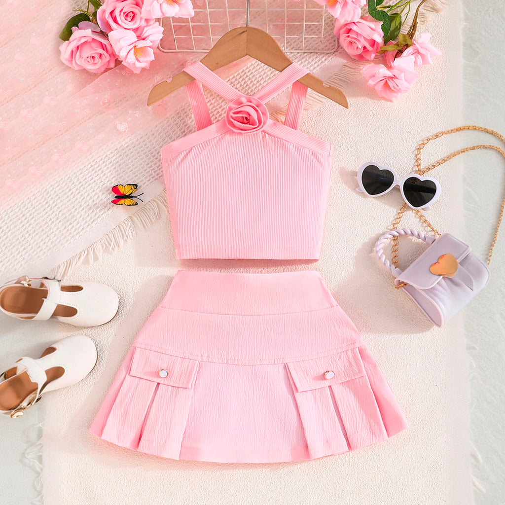 Girls Pink Cross Neck Top With Skirts Set 2 pc. Sets Pink 3-4 Y