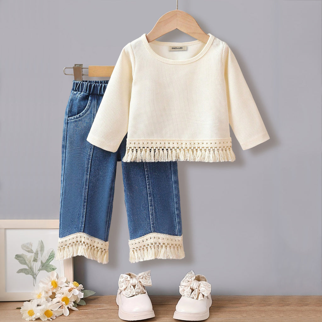 Girls Apricot Knitted Long Sleeves Top With Denim Pants Set 2 pc. Sets Apricot 3-4 Y