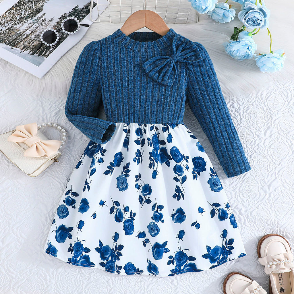 Girls Blue Floral Printed Full Sleeves Casual Dress Casual Dresses Blue 3-4 Y