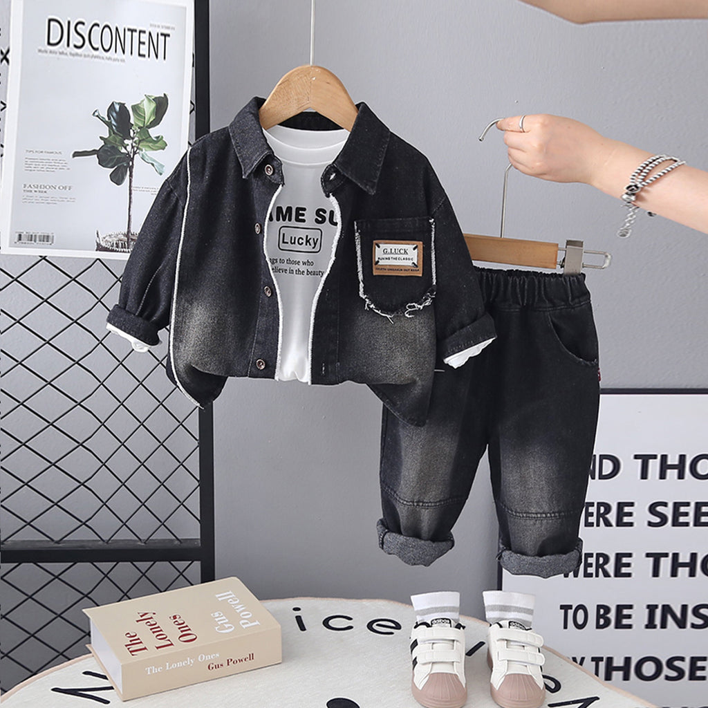 Boys Black Solid Denim Shirt With T-Shirt & Denim Pants Set Sets Black 1-2 Y
