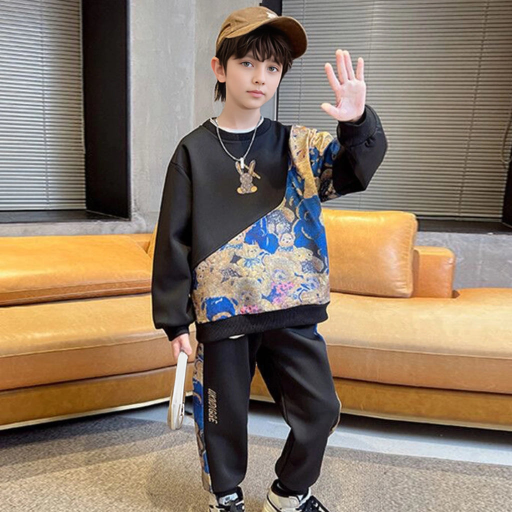 Boys Black Bear Printed Sweatshirt With Jogger Co-ord Sets Sets Black 5-6 Y