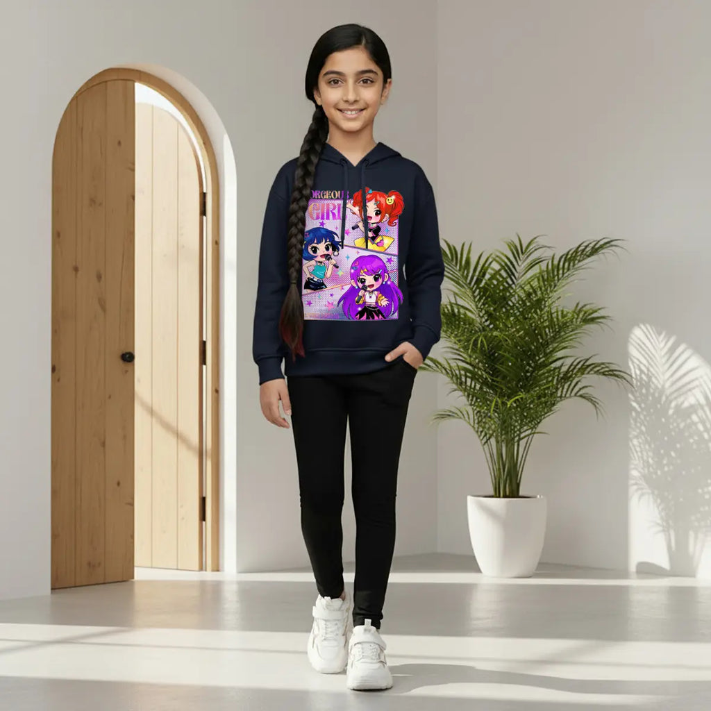 Girls Navy Blue K-Pop Gorgeous-Girl Graphics Hoodie Sweatshirts & Hoodies Navy Blue 1-2 Y