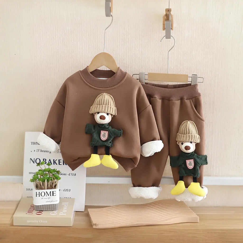 Girls Brown 3D Bear Applique Sweatshirt With Jogger Co-ord Sets Sets Brown 1-2 Y