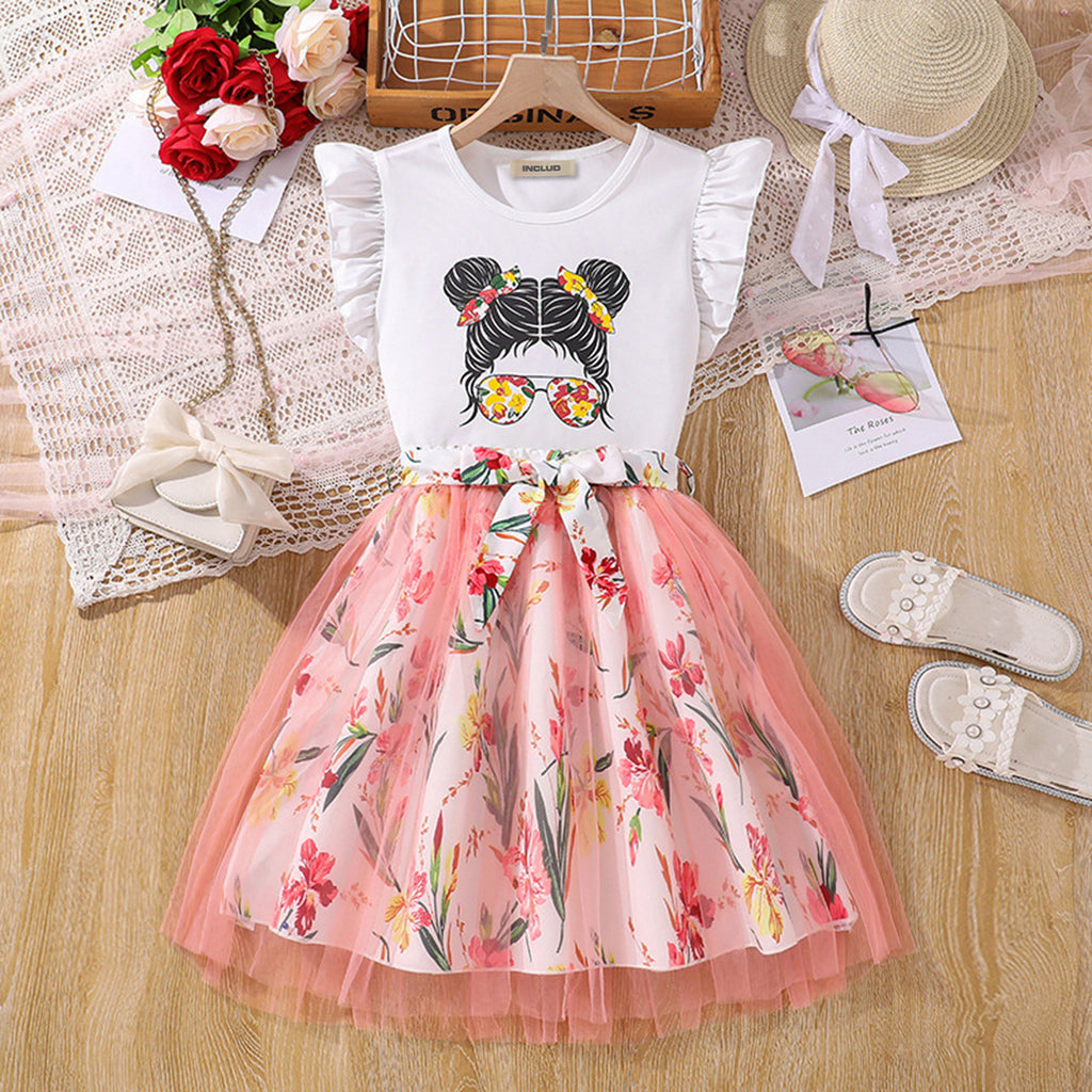 Girls Graphic Printed T-Shirt With Floral Skirt Set Sets White 7-8 Y 