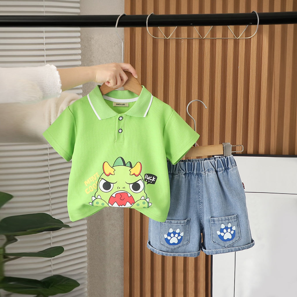 Boys Green Cartoon Graphic Polo T-Shirt With Denim Shorts Set 2 pc. Sets Green 1-2 Y