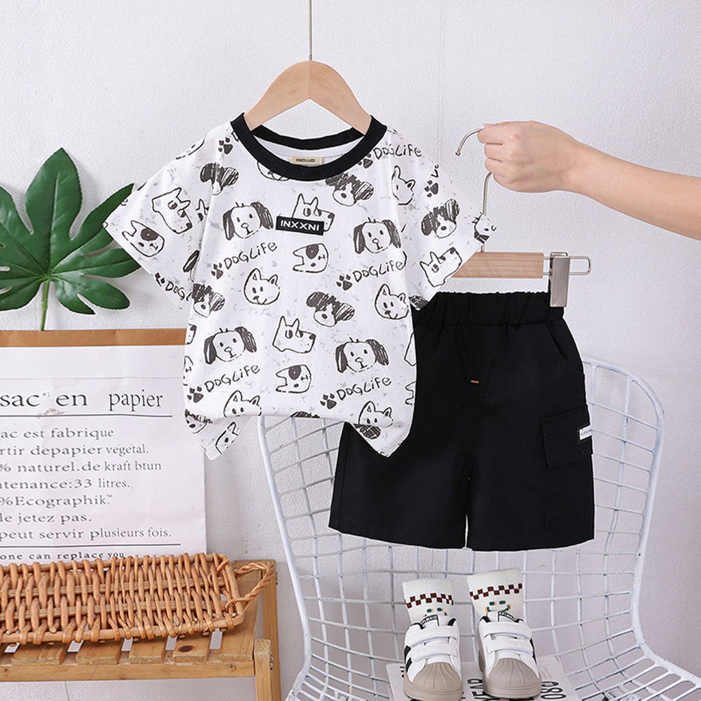 Boys Black Dog Printed Short Sleeves T-shirt With Shorts Set Sets Black 1-2 Y