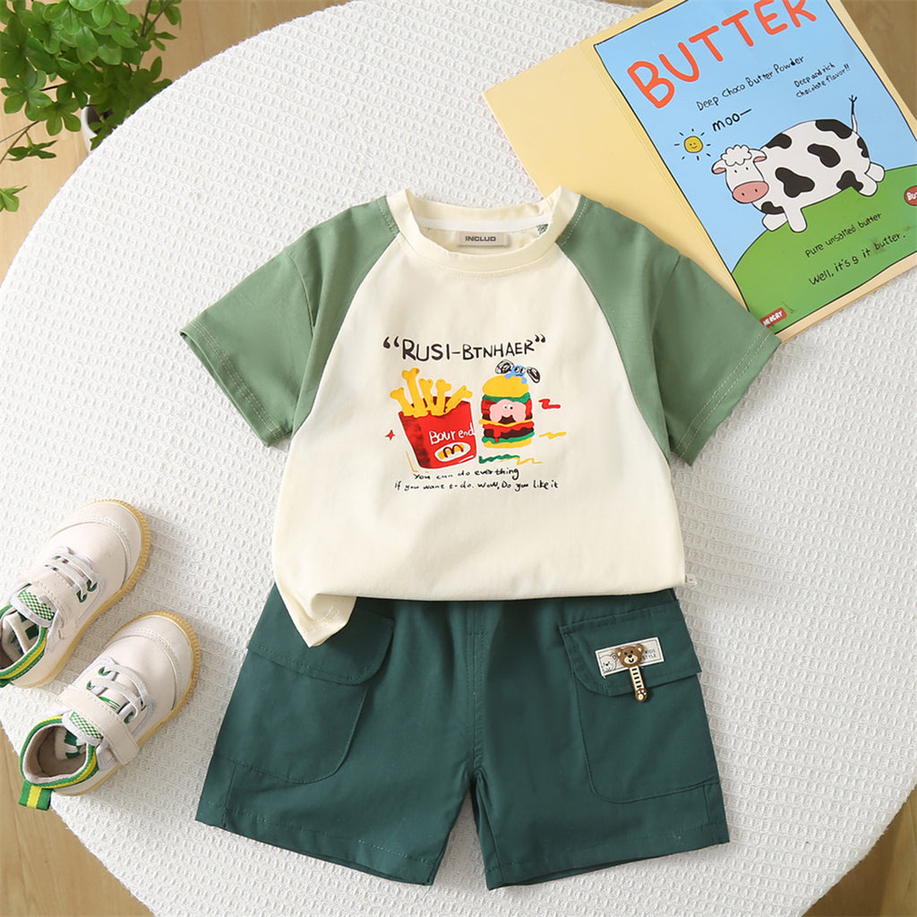 Boys Green Raglan Sleeves Printed T-shirt with Shorts Set Sets Green 1-2 Y