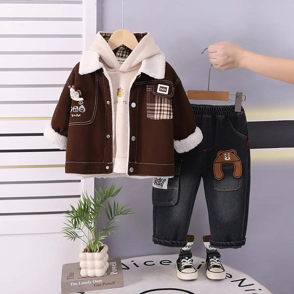 Boys Long Sleeves Dark Brown Jacket With Sweatshirt And Pants Sets 3 pc. Sets Dark Brown 1-2 Y