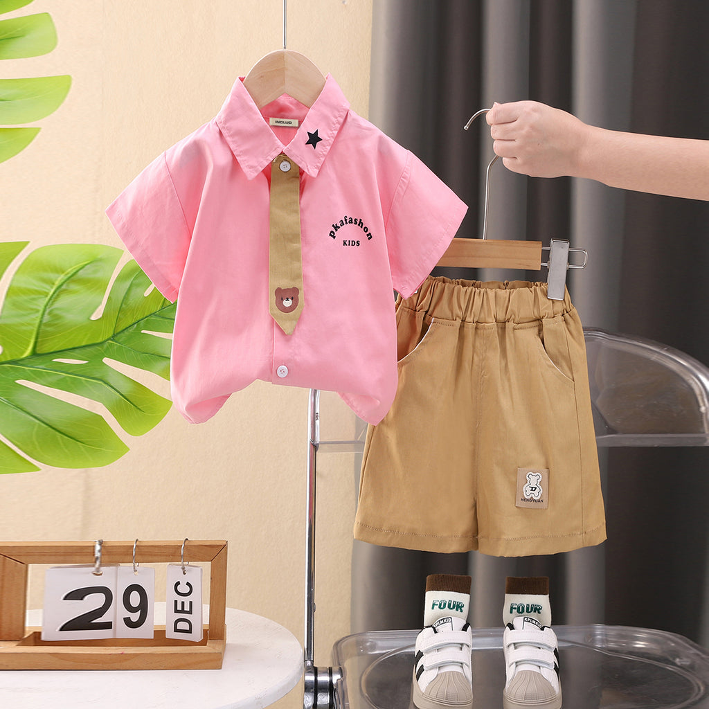 Boys Pink Shirt with attached Tie & Khaki Shorts Set Sets Pink 1-2 Y