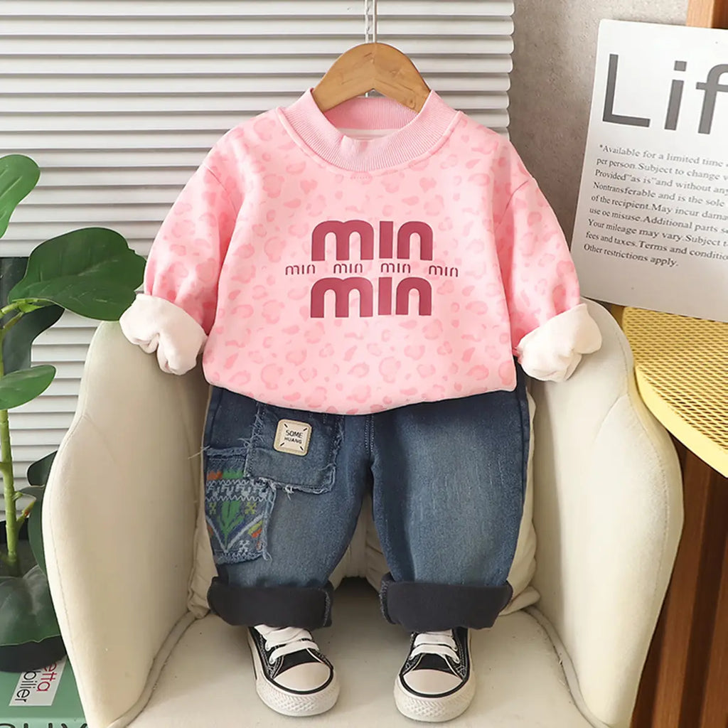 Boys Pink Typographic Regular Sweatshirt With Denim Trousers Sets 2 pc. Sets Pink 1-2 Y