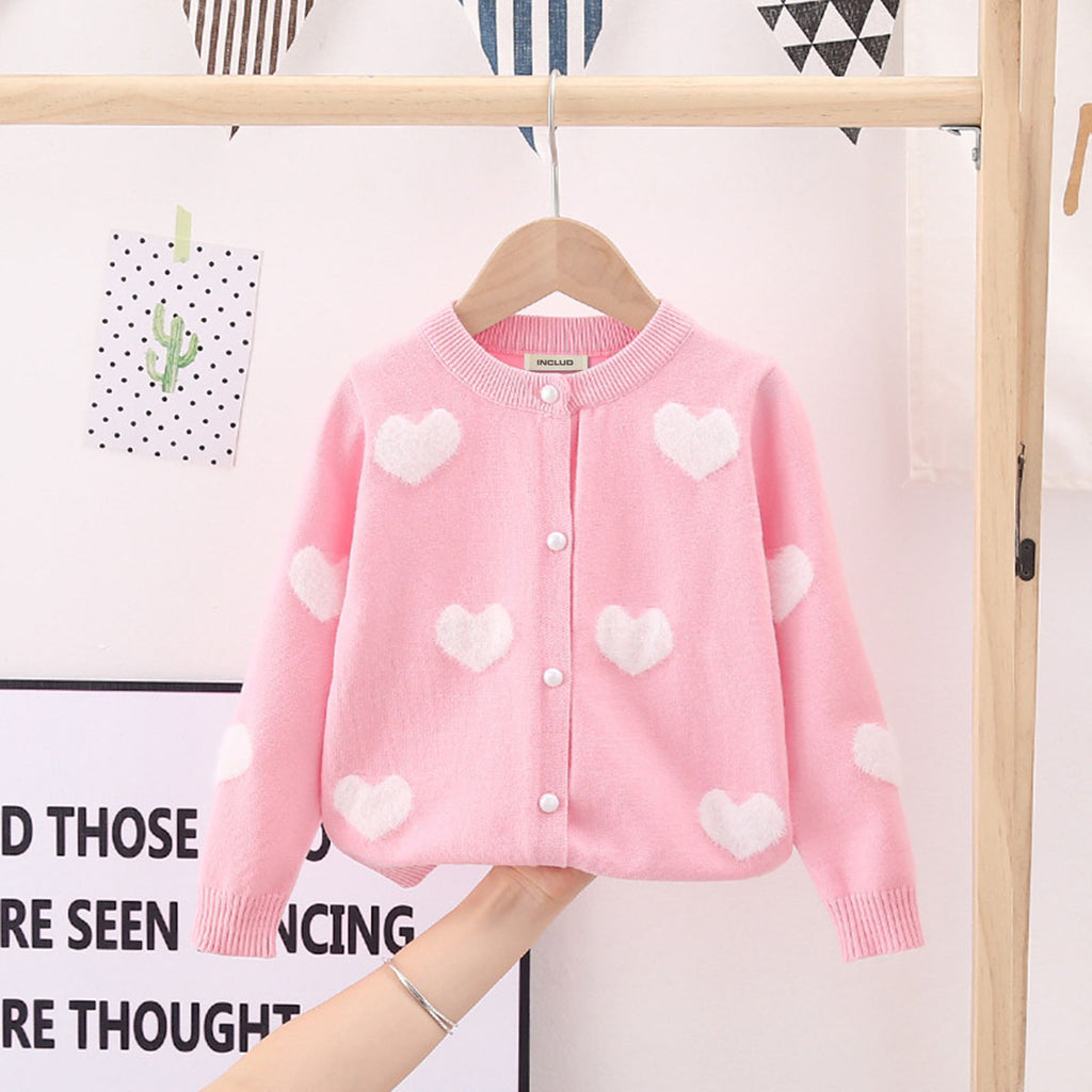 Girls Pink Self Heart Design Winter Cardigan Sweaters & Cardigans Pink 2-3 Y
