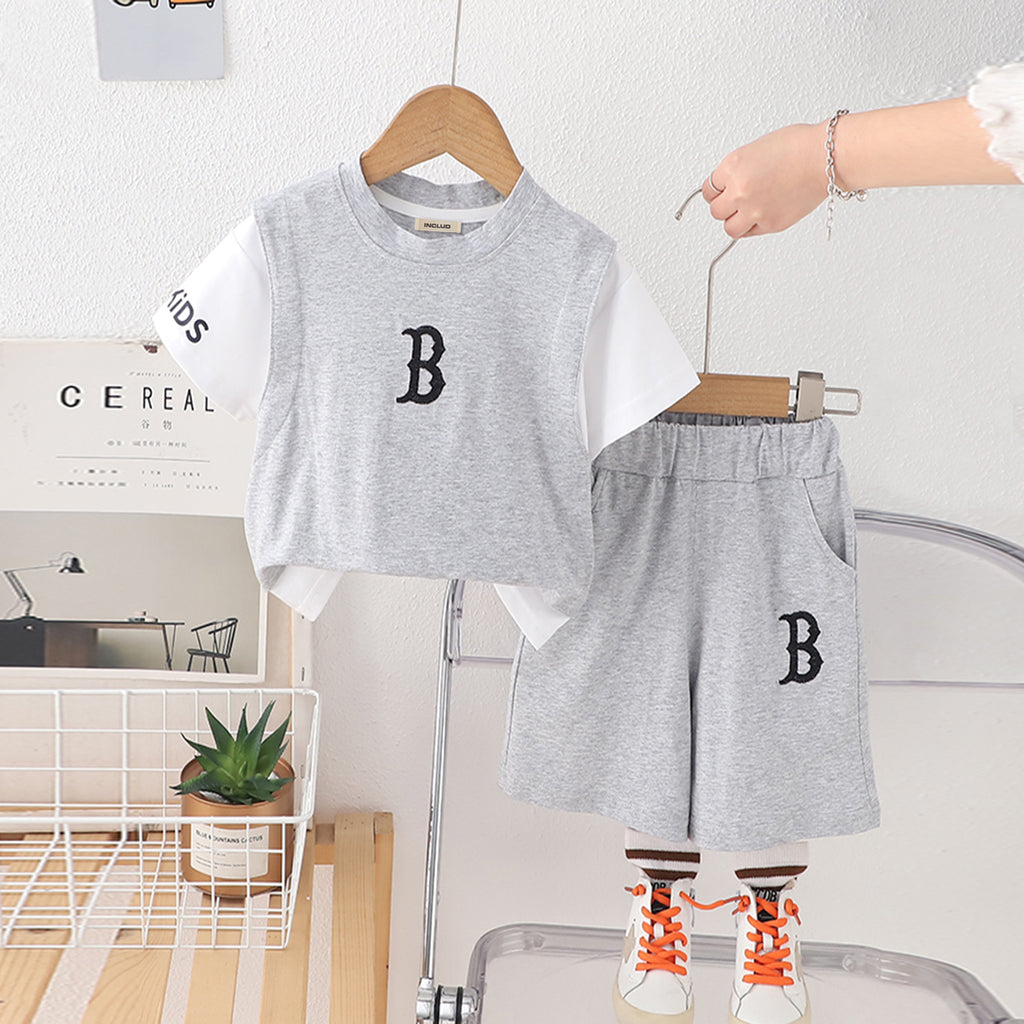Boys Grey Typographic Printed Short Sleeves T-Shirt With Shorts Set 2 pc. Sets Grey 1-2 Y