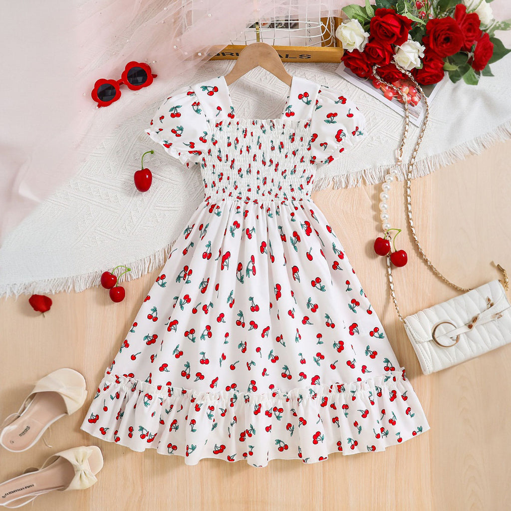 Girls White Cherry Printed Puff Sleeves Fit & Flare Dress Casual Dresses