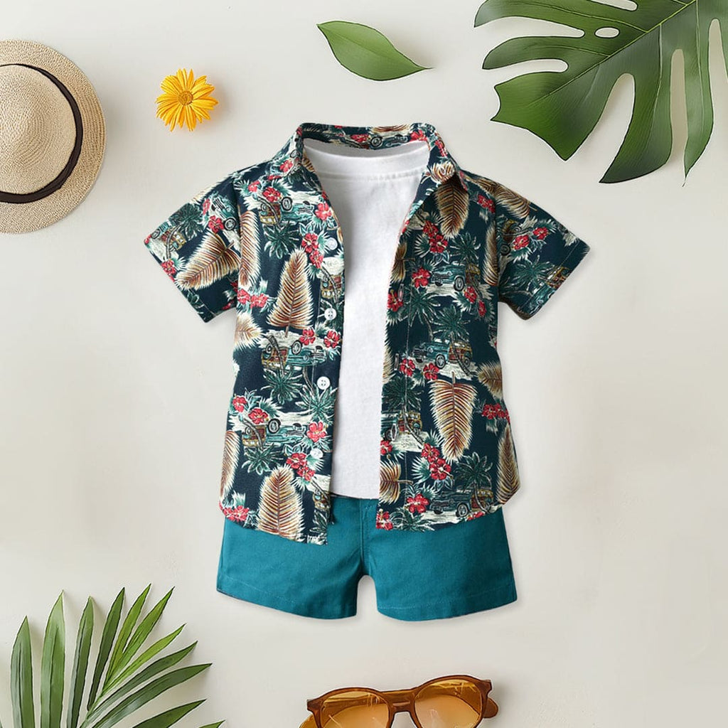 Boys Tropical Print Shirt With Elasticated Shorts 3 pc. Sets White 1-2 Y 