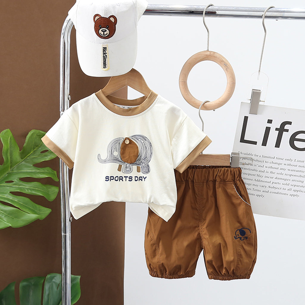 Boys Brown Elephant Print Short Sleeves Round Neck T-shirt With Pants Set 2 pc. Sets Brown 1-2 Y