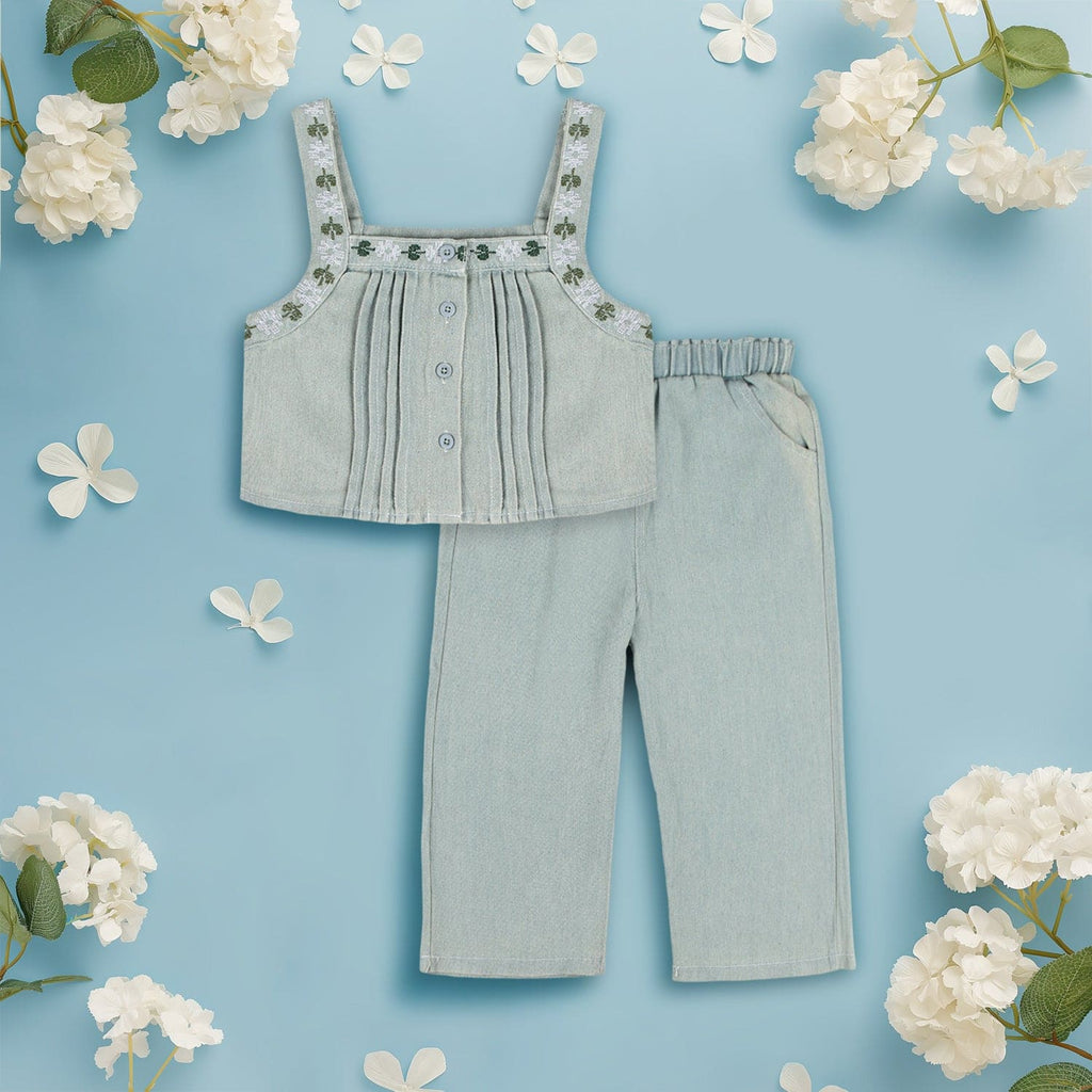 Girls Sleeveless Denim Top With Wide Leg Denim Pants Sets Light Blue 2-3 Y 